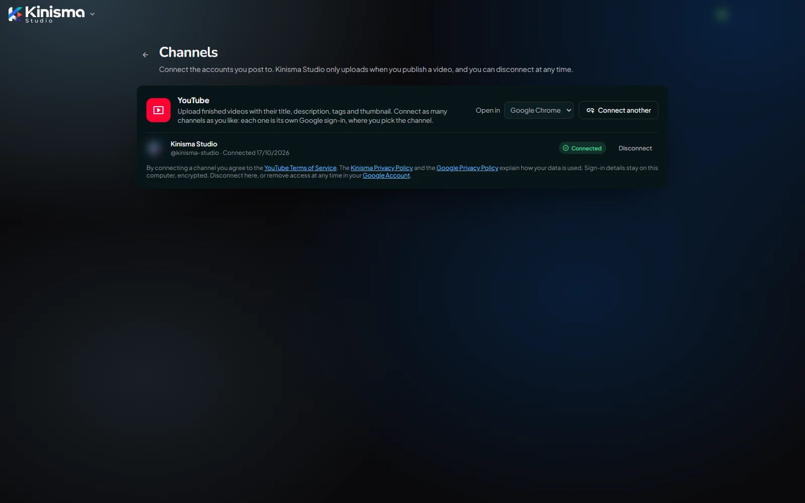 The Channels page with a connected channel
