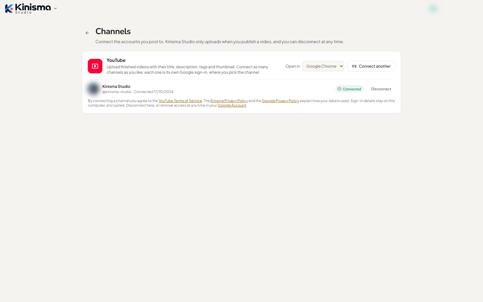 The Channels page with a connected channel