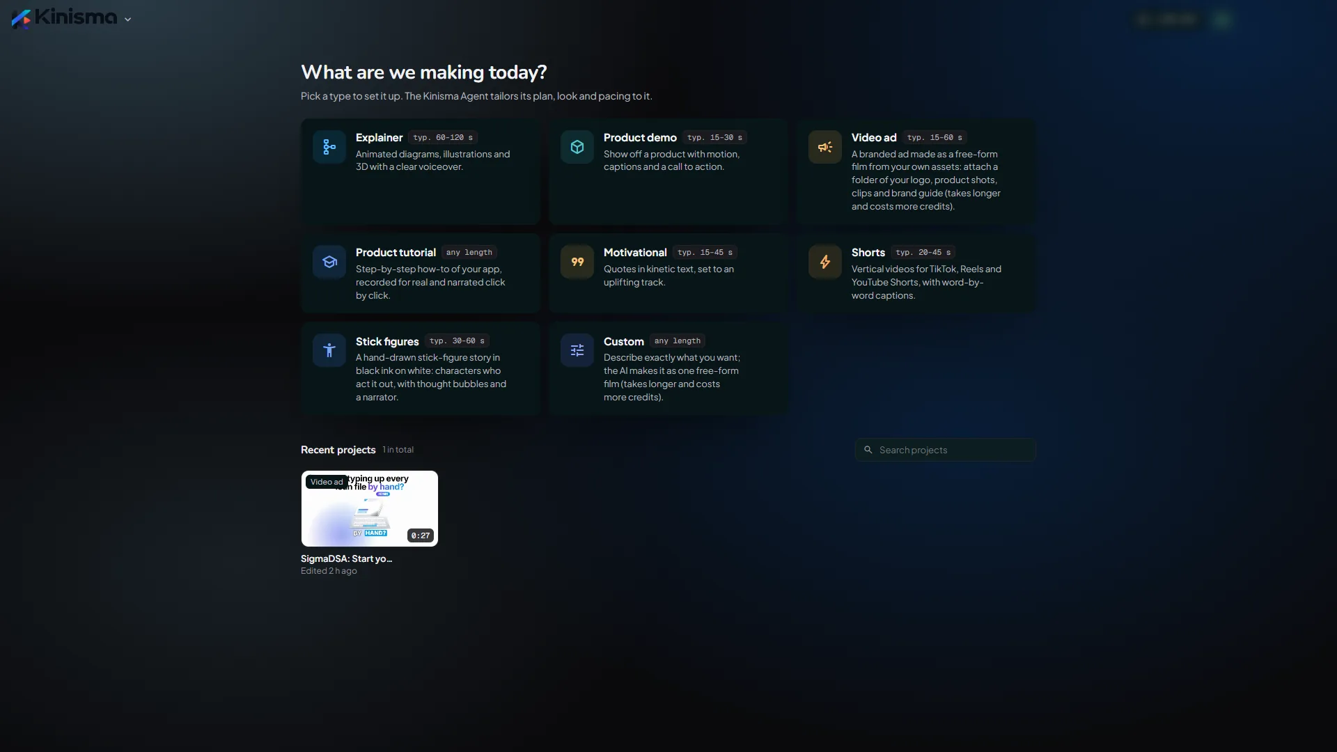 Kinisma Studio's Home screen with the video types