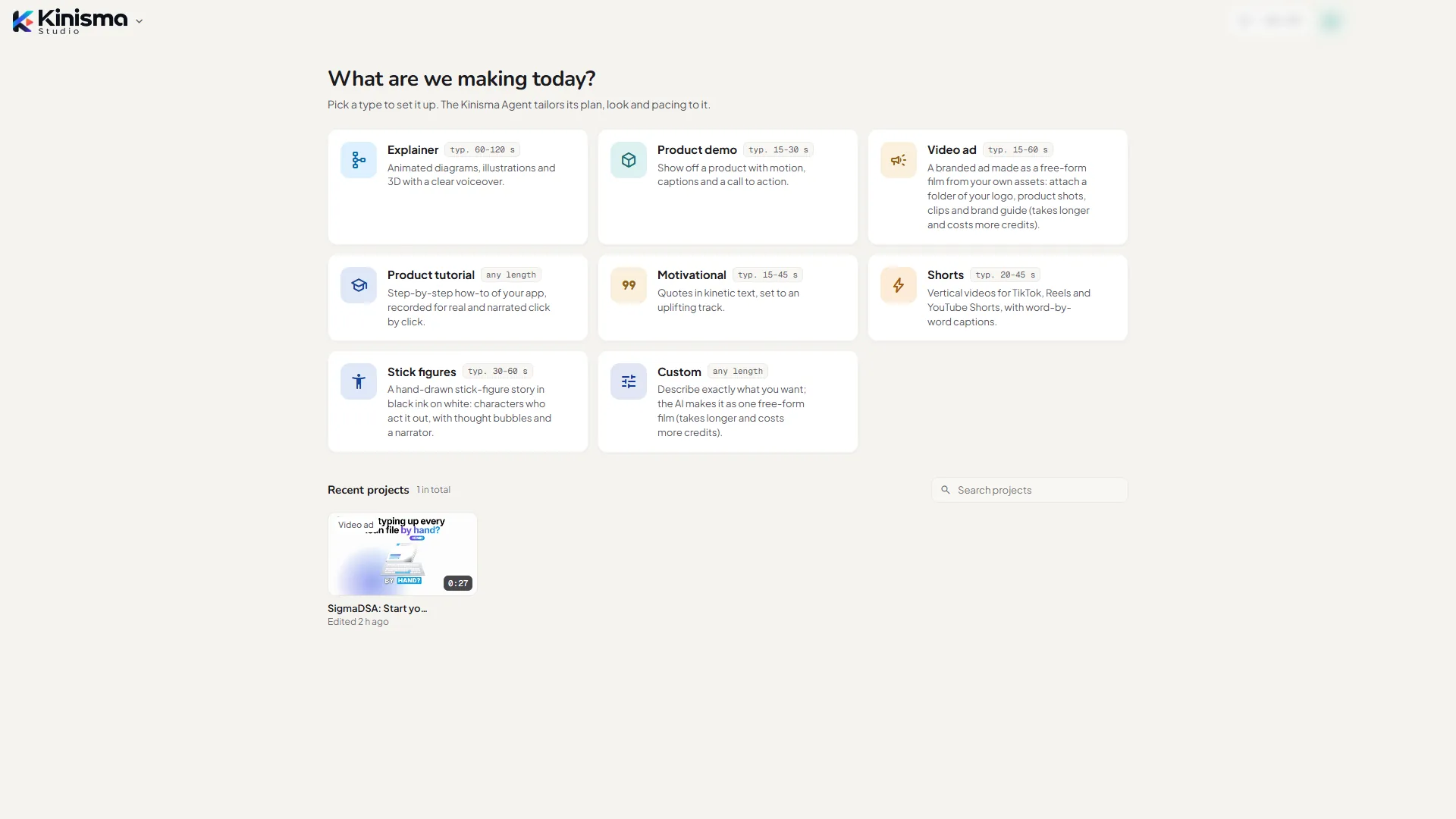 Kinisma Studio's Home screen with the video types