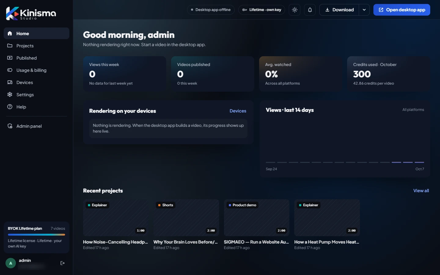 The dashboard home page