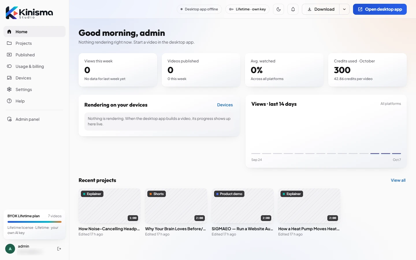 The dashboard home page