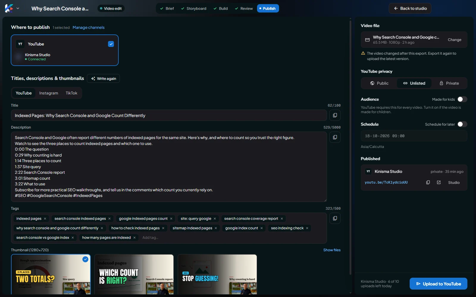 The Publish screen with YouTube selected
