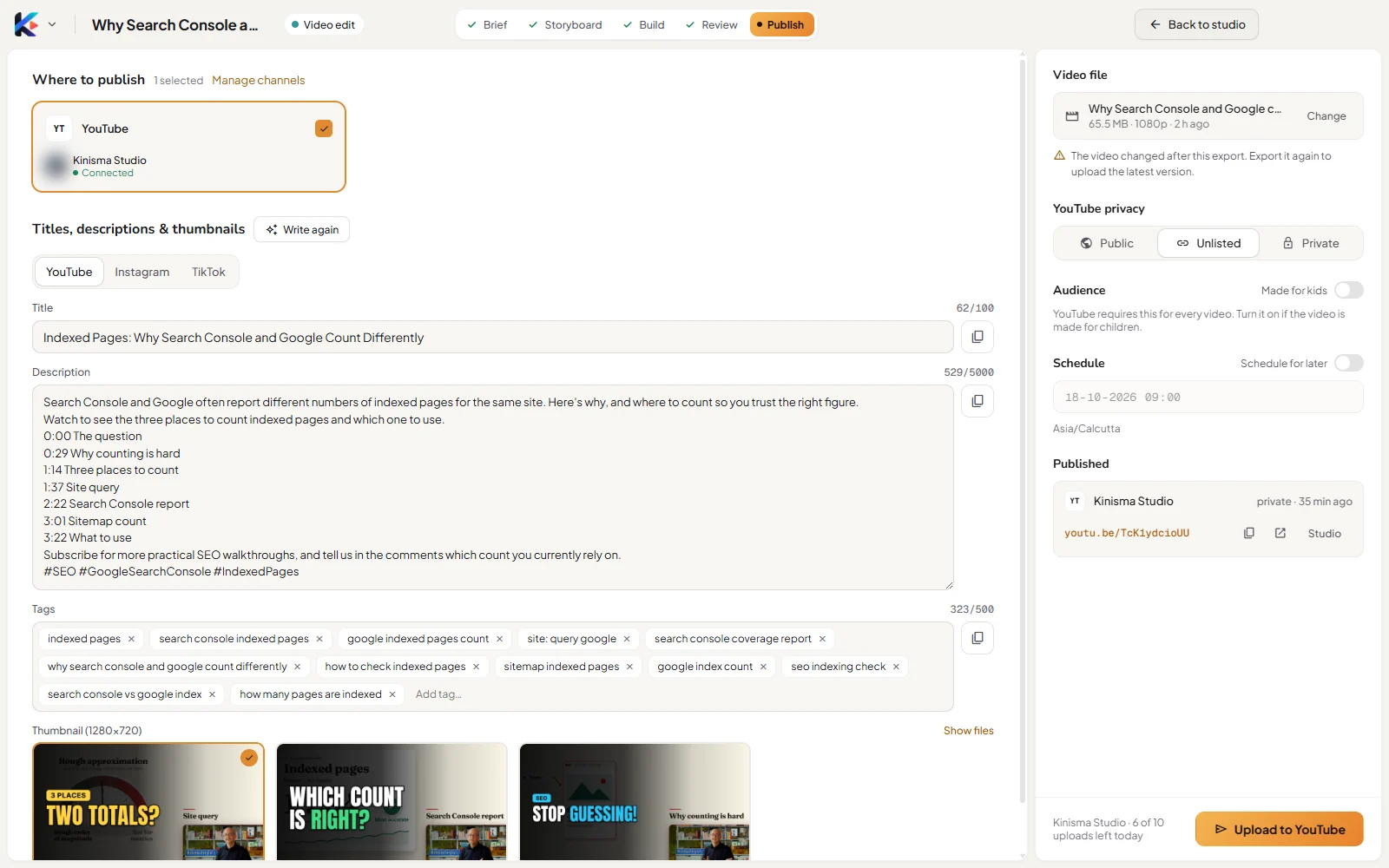 The Publish screen with YouTube selected