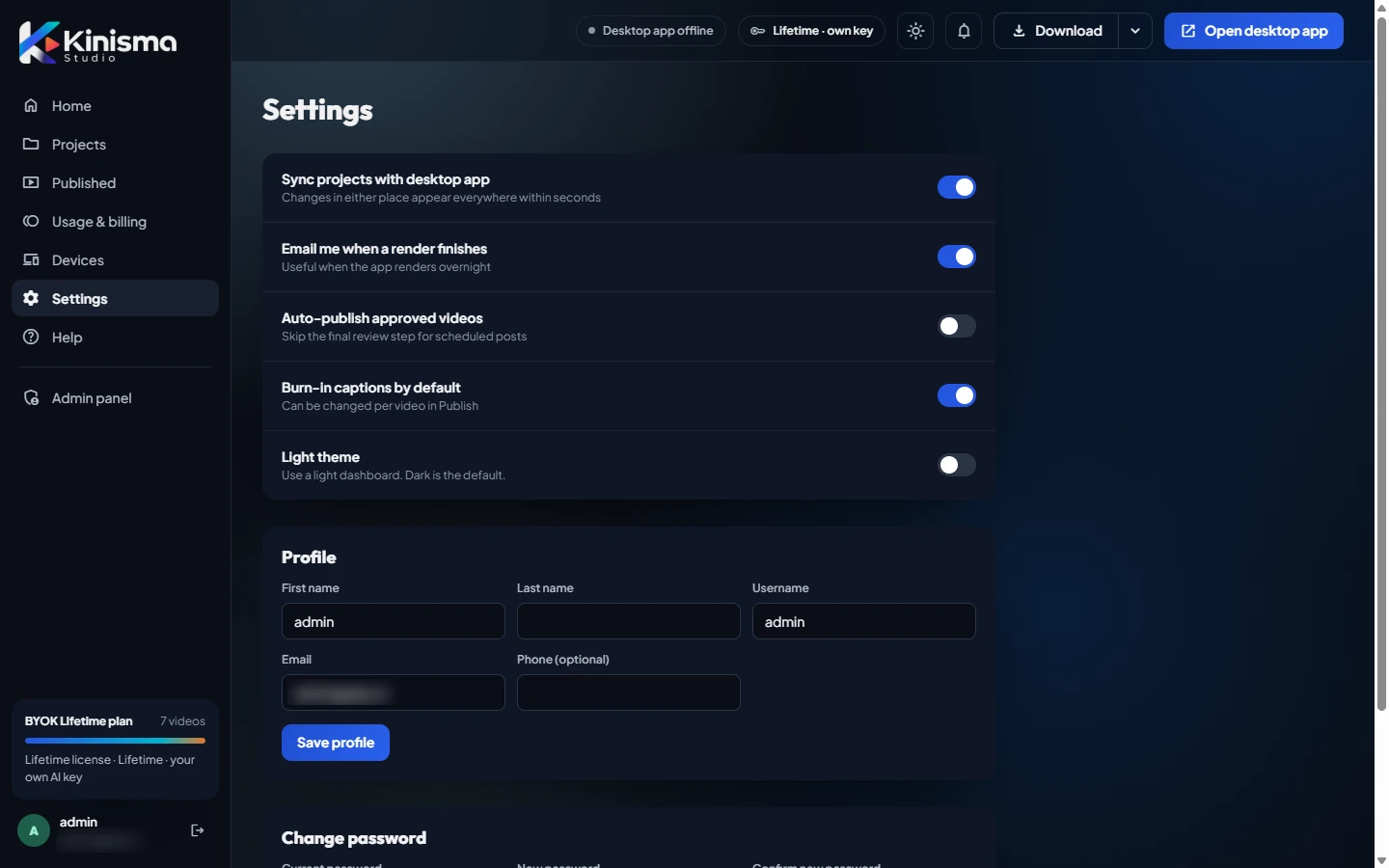 The Settings page
