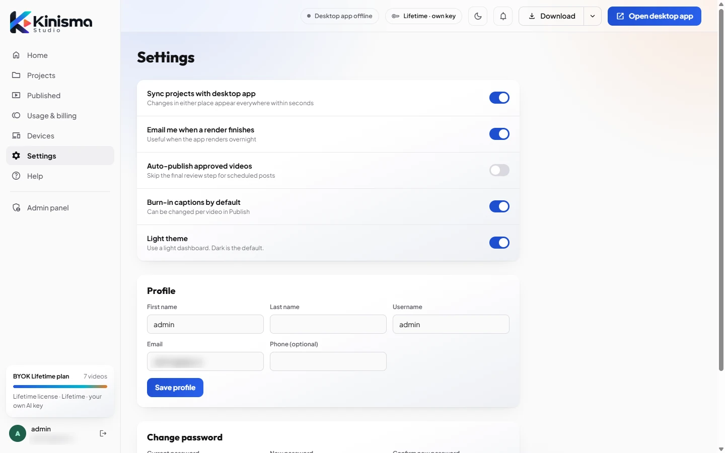 The Settings page