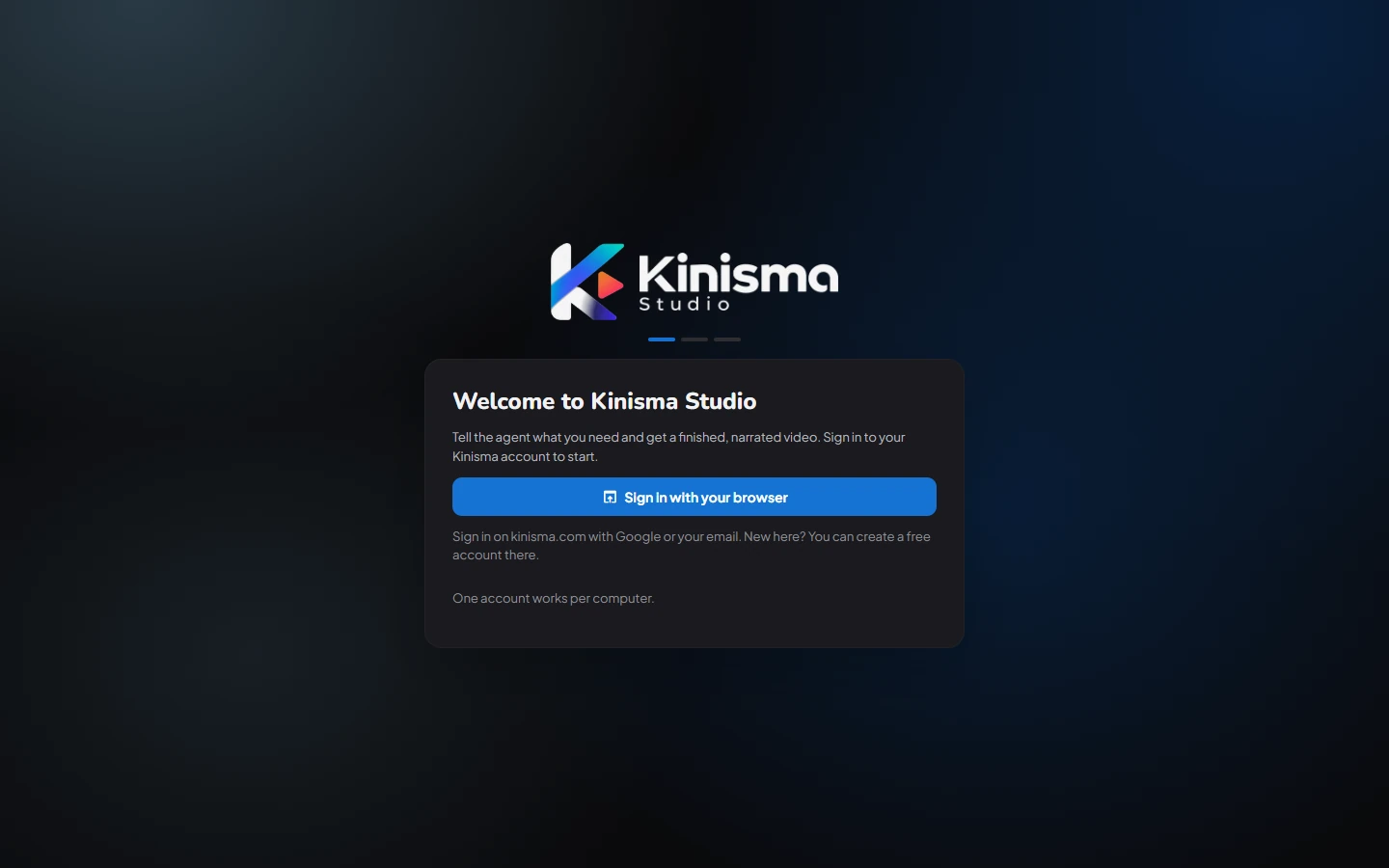 The sign-in screen of Kinisma Studio