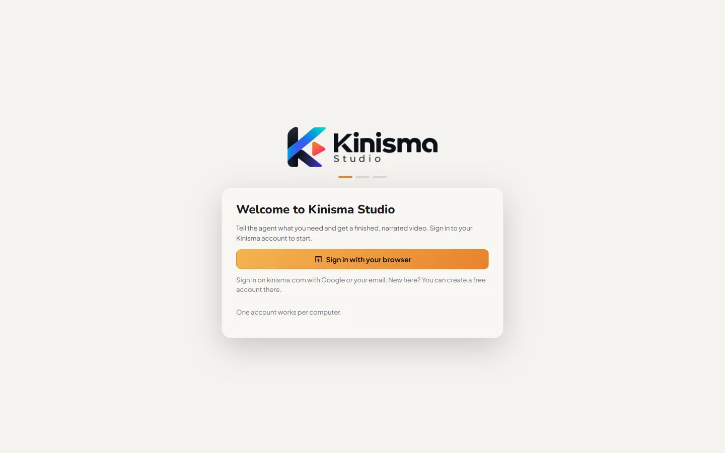 The sign-in screen of Kinisma Studio
