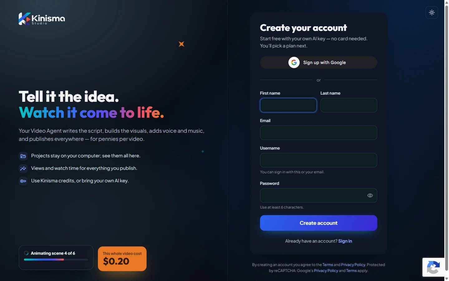 The sign-up page