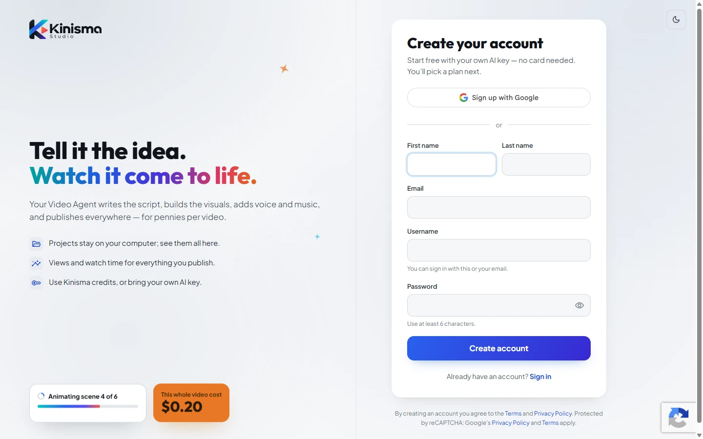 The sign-up page