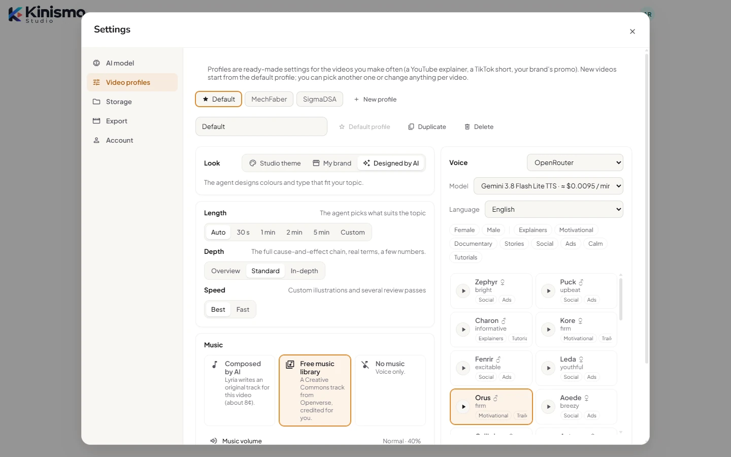 Settings: Video profiles