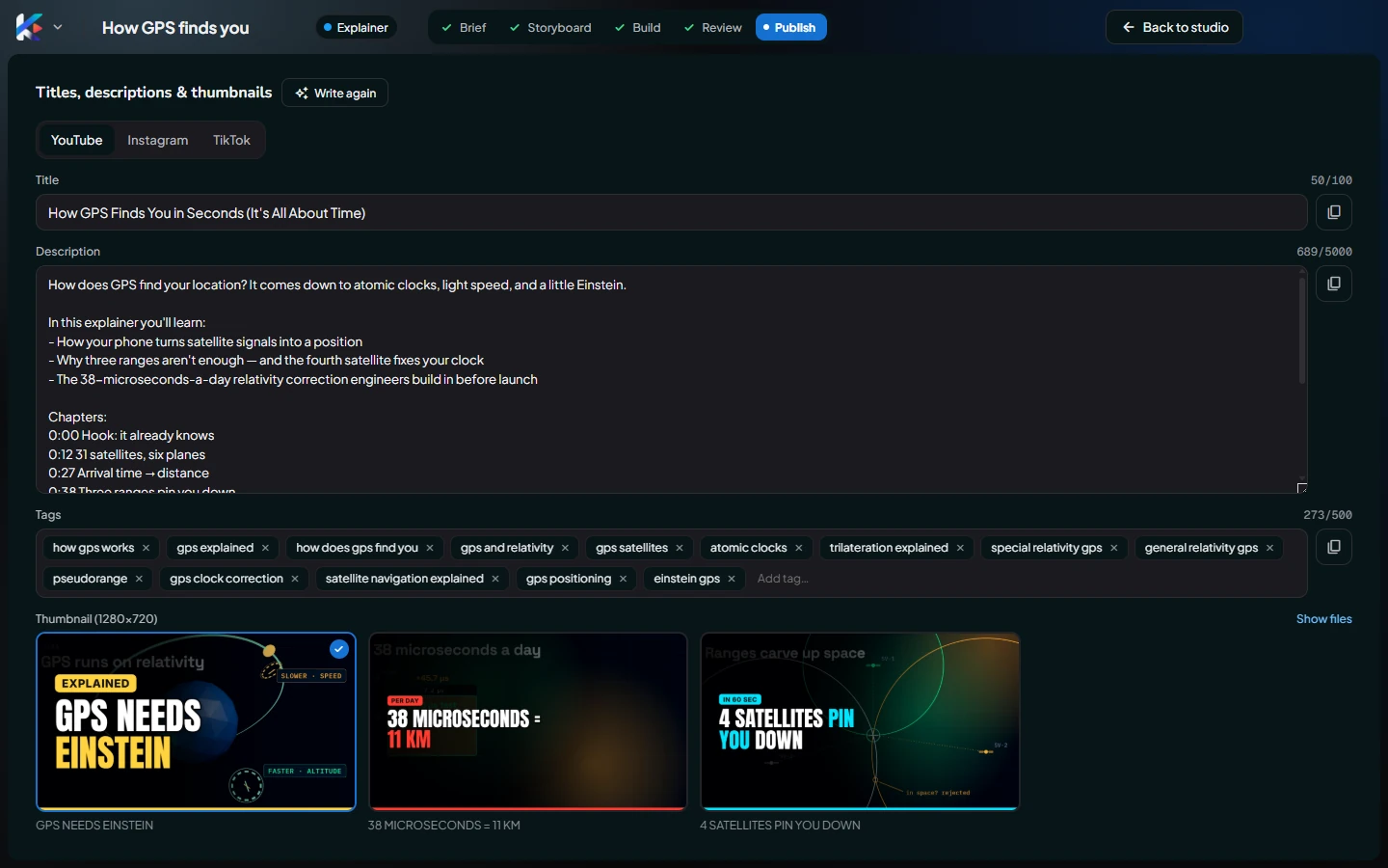The Publish screen, YouTube tab